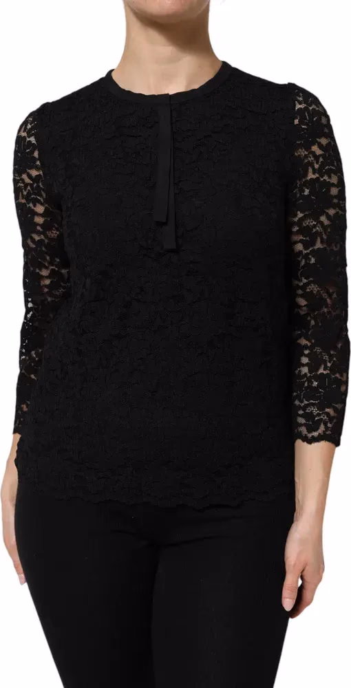 Black Nylon Lace Long Sleeve Blouse Top