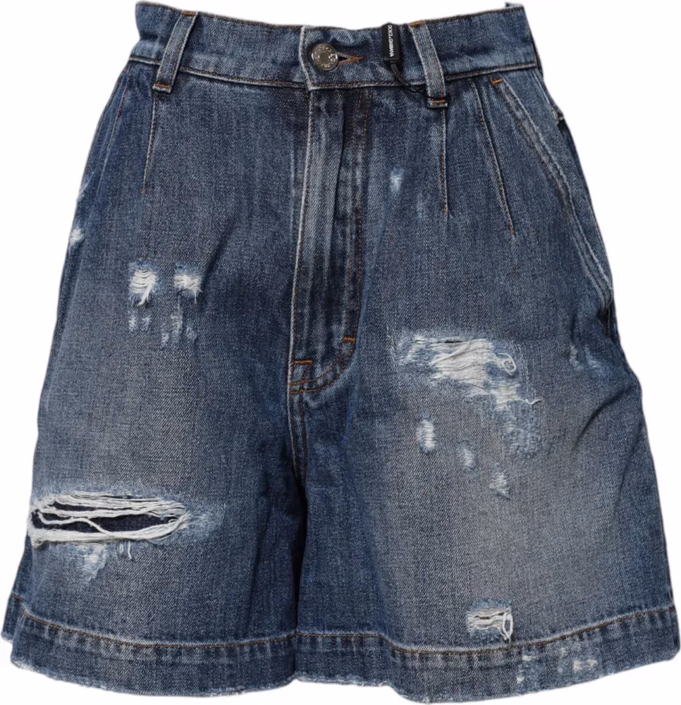 Blue Cotton Tattered Denim Bermuda Shorts