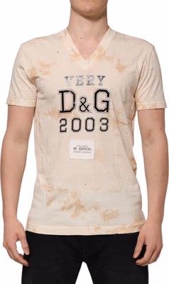 Beige Logo Print Short Sleeve V-neck T-shirt