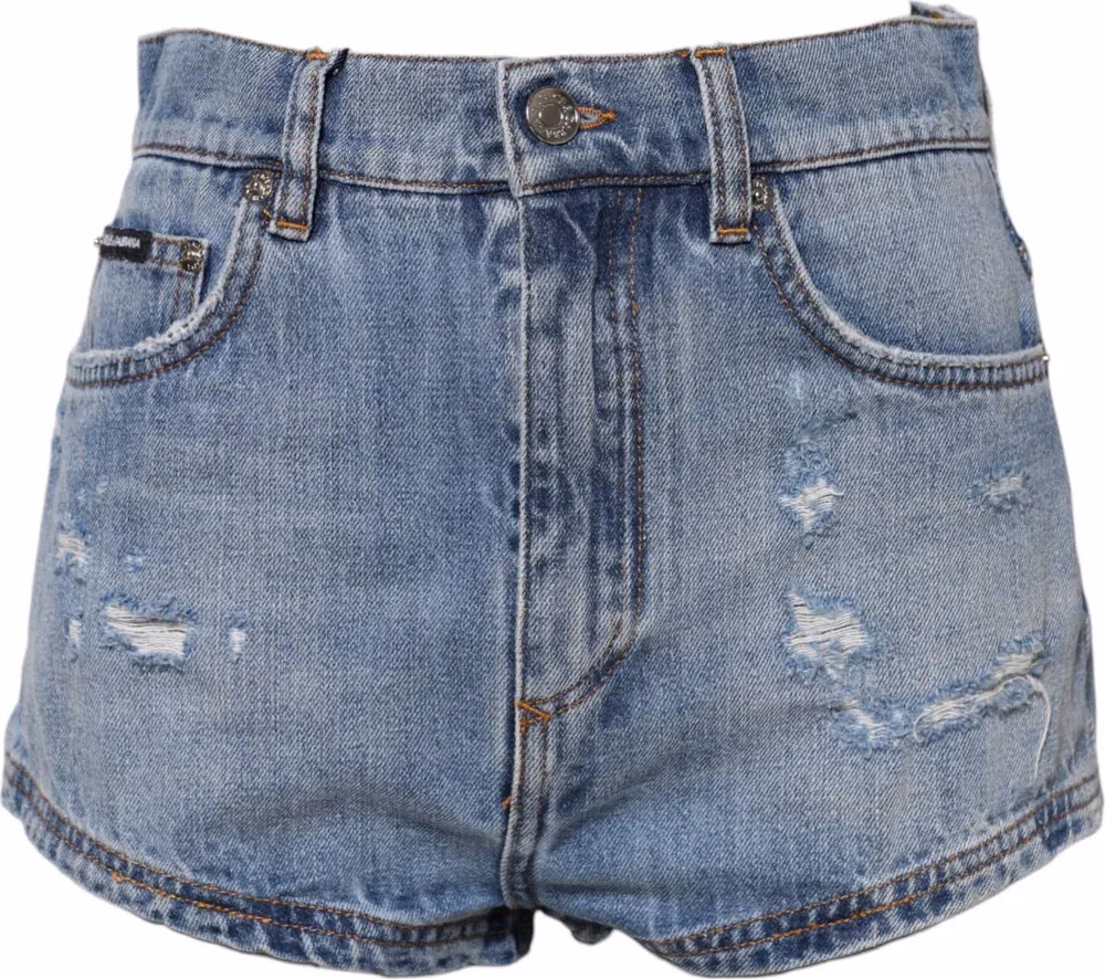 Blue Logo Plaque Denim Cotton Hot Pants Shorts