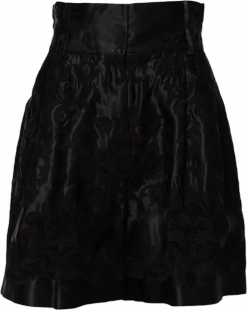 Black Floral Embroidery Silk High Waist Shorts
