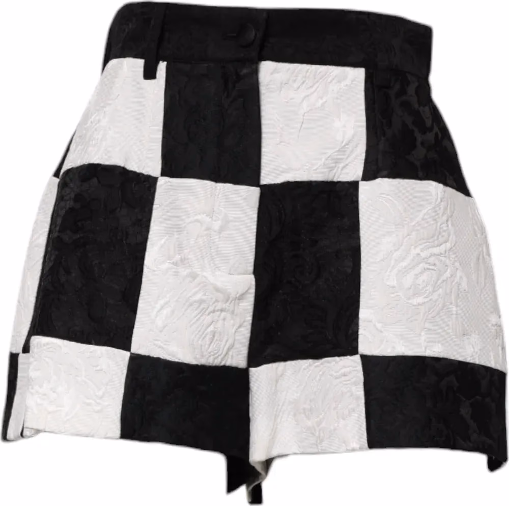 Black White Floral Brocade Hot Pants Shorts
