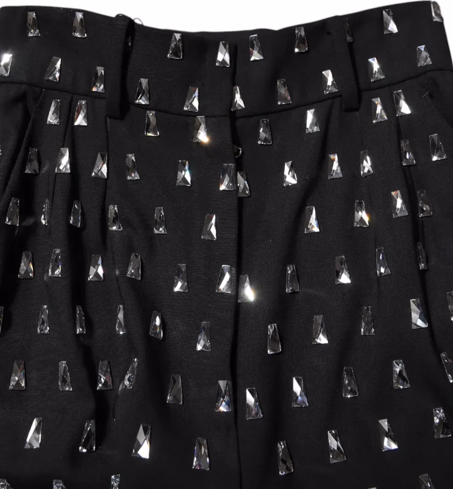 Black Crystal Embellished Wide Leg Pants