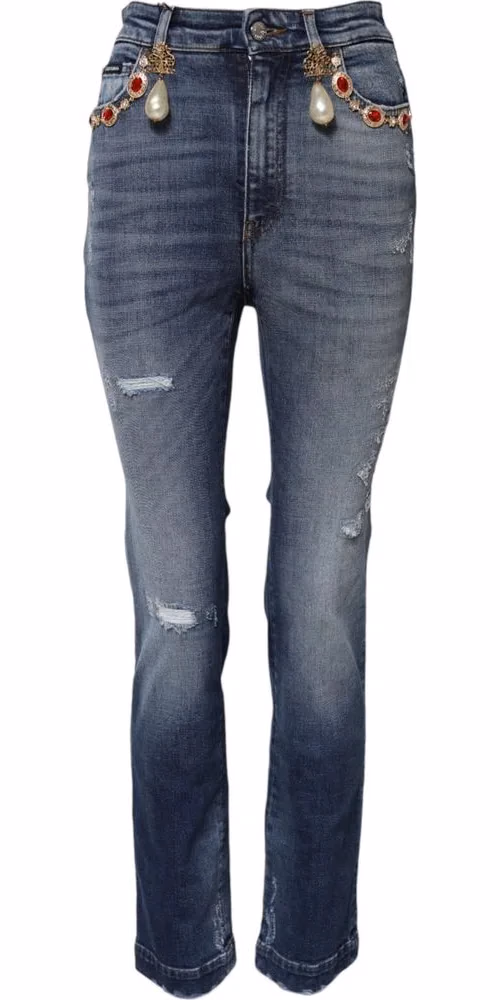 Blue Rhinestone Embellished Denim Jeans
