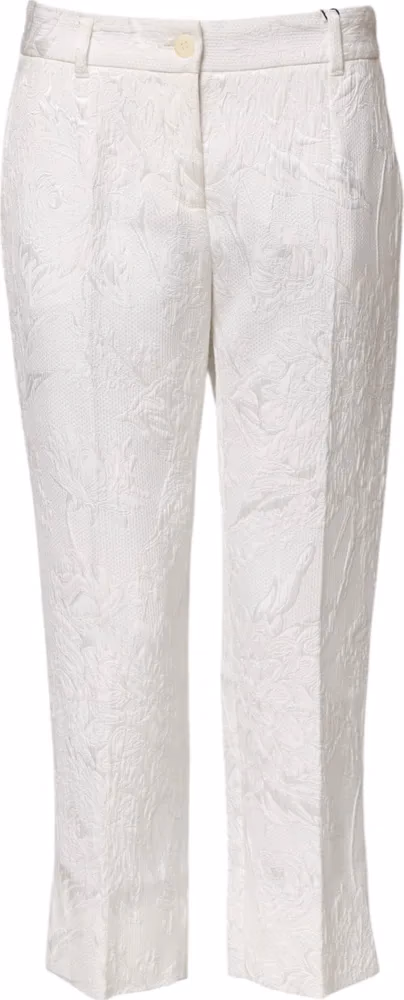 White Cotton Floral Jacquard Pants
