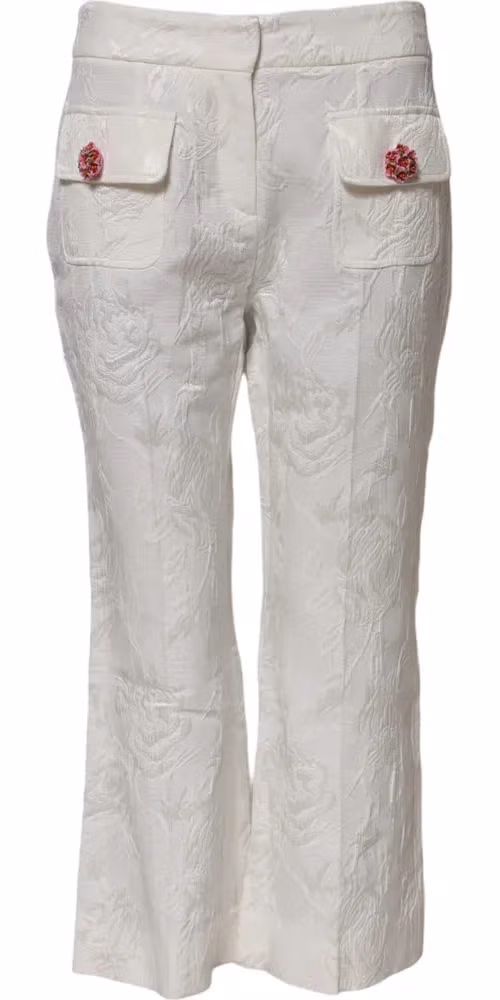 White Cotton Floral Jacquard Pants