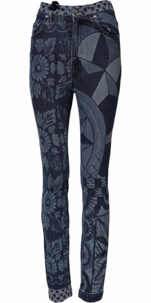 Blue Graphic Print Cotton Skinny Denim Jeans