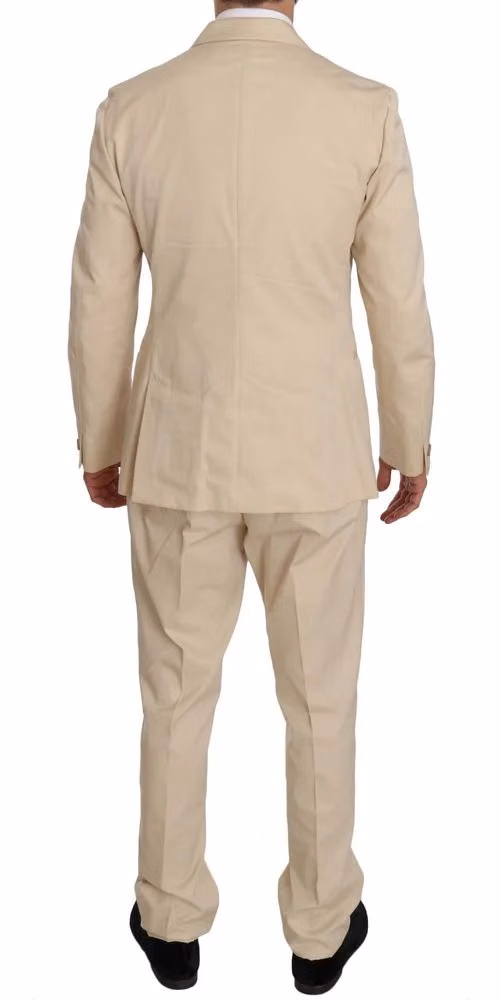 Two Piece 3 Button Beige Cotton Solid Suit
