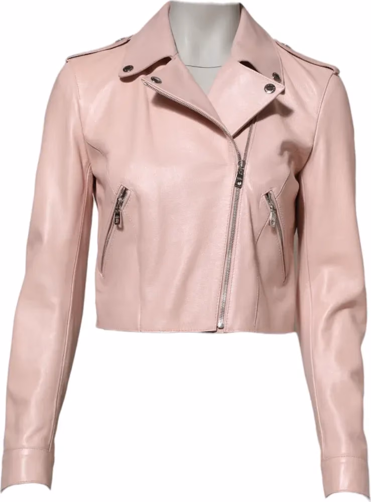 Light Pink Collar Leather Women Biker Jacket