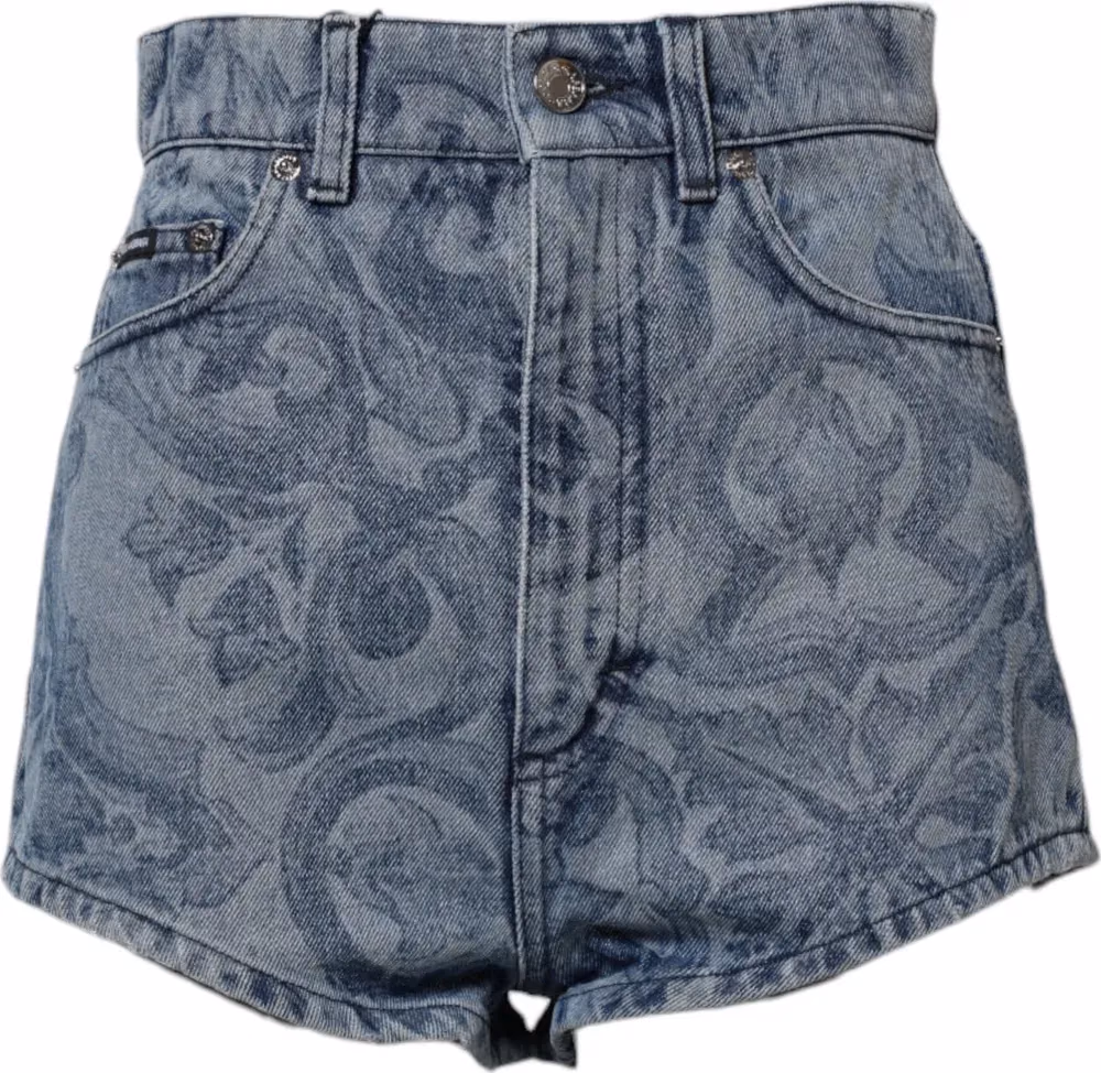 Blue Floral Print Denim Cotton Hot Pants Shorts