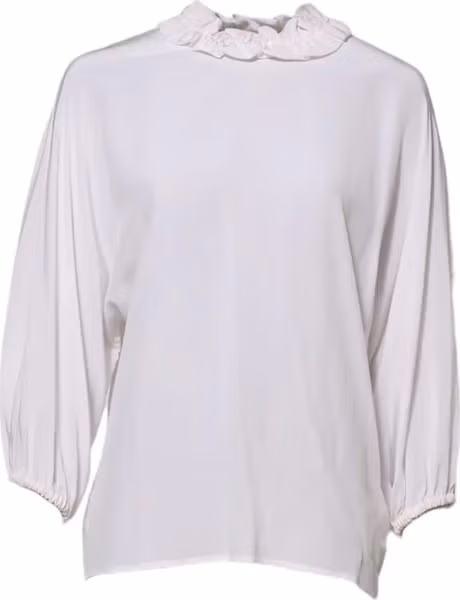 White Ruffled Neckline Blouse Pullover Top