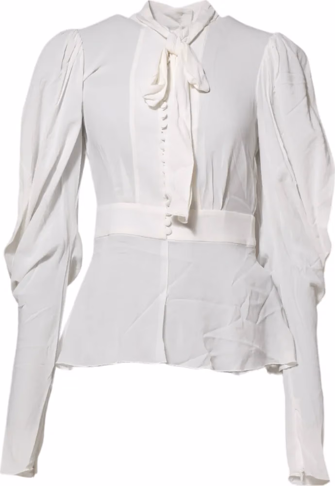 White Viscose Ascot Collar Long Sleeves Top