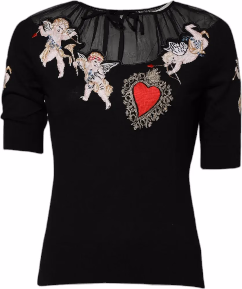 Black Sacred Heart Embroidered Crewneck Top