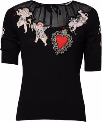 Black Sacred Heart Embroidered Crewneck Top