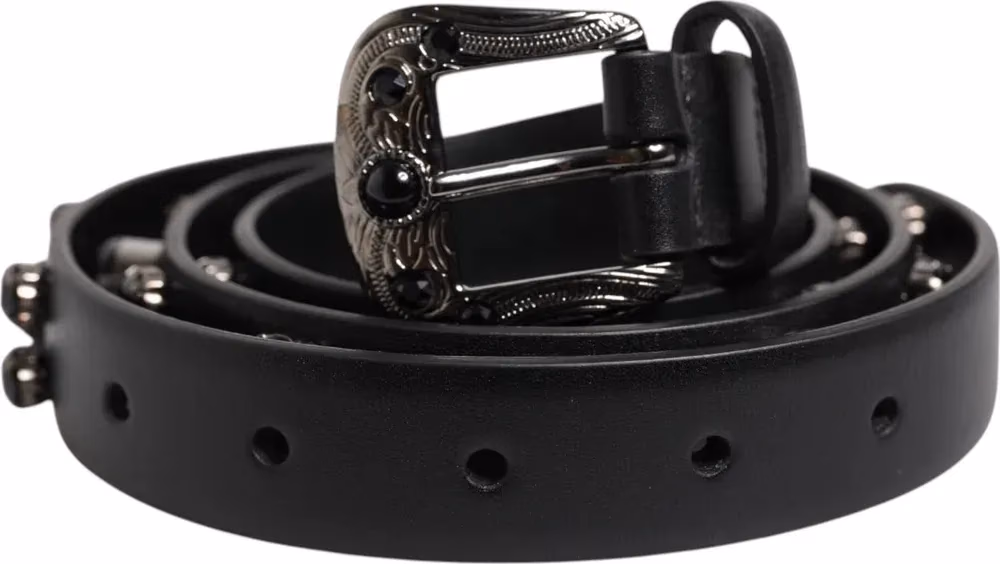 Black Studded Leather Metal Logo Buckle Belt