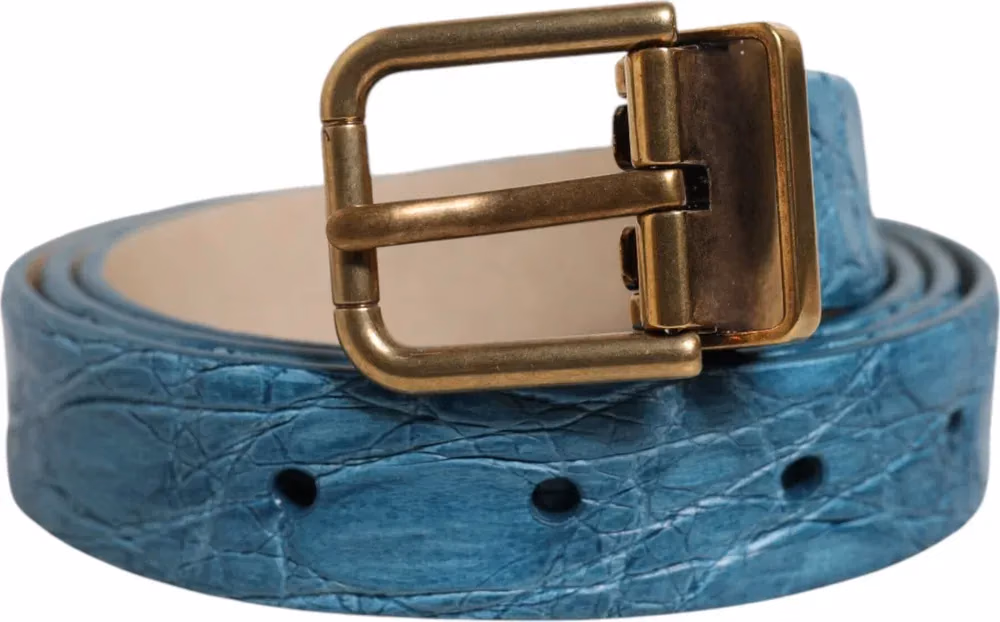 Blue Leather Classic Gold Metal Buckle Belt