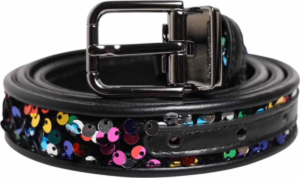 Black Sequin Embellished Metal Buckle Belt