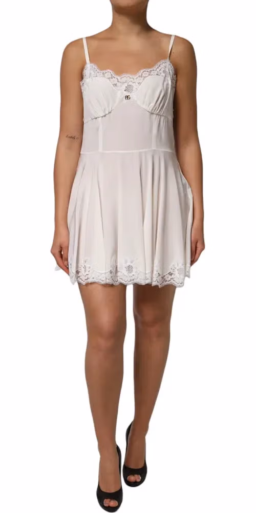 White Lace Gold DG Logo Silk Dress Sleepwear