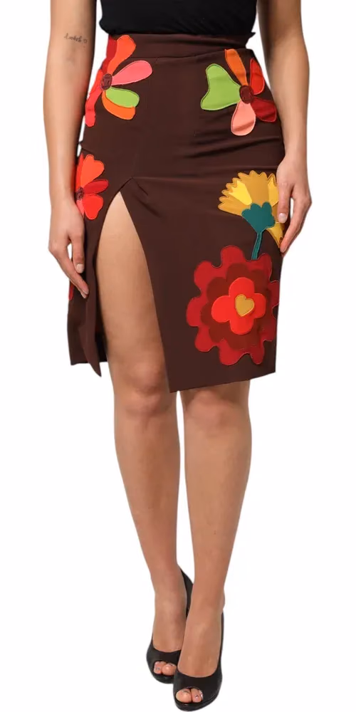 Brown Floral High Waist Side Slit Skirt