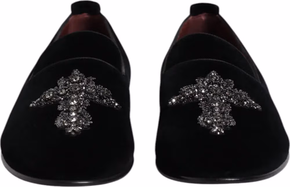 Black Velvet Embellished Loafer Slip On Shoes