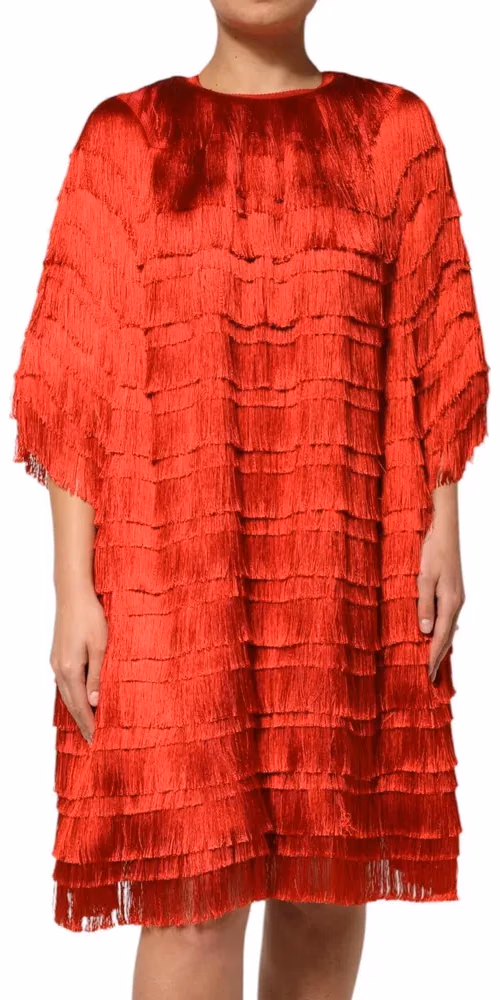Red Silk Tiers Fringe Shift Knee Length Dress