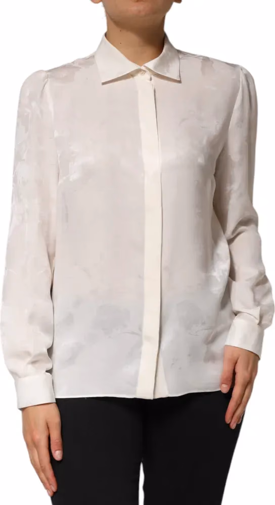 White Silk Long Sleeves Collared Shirt Top