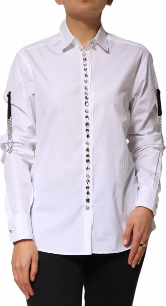 White Crystal Embellished Collared Shirt Top