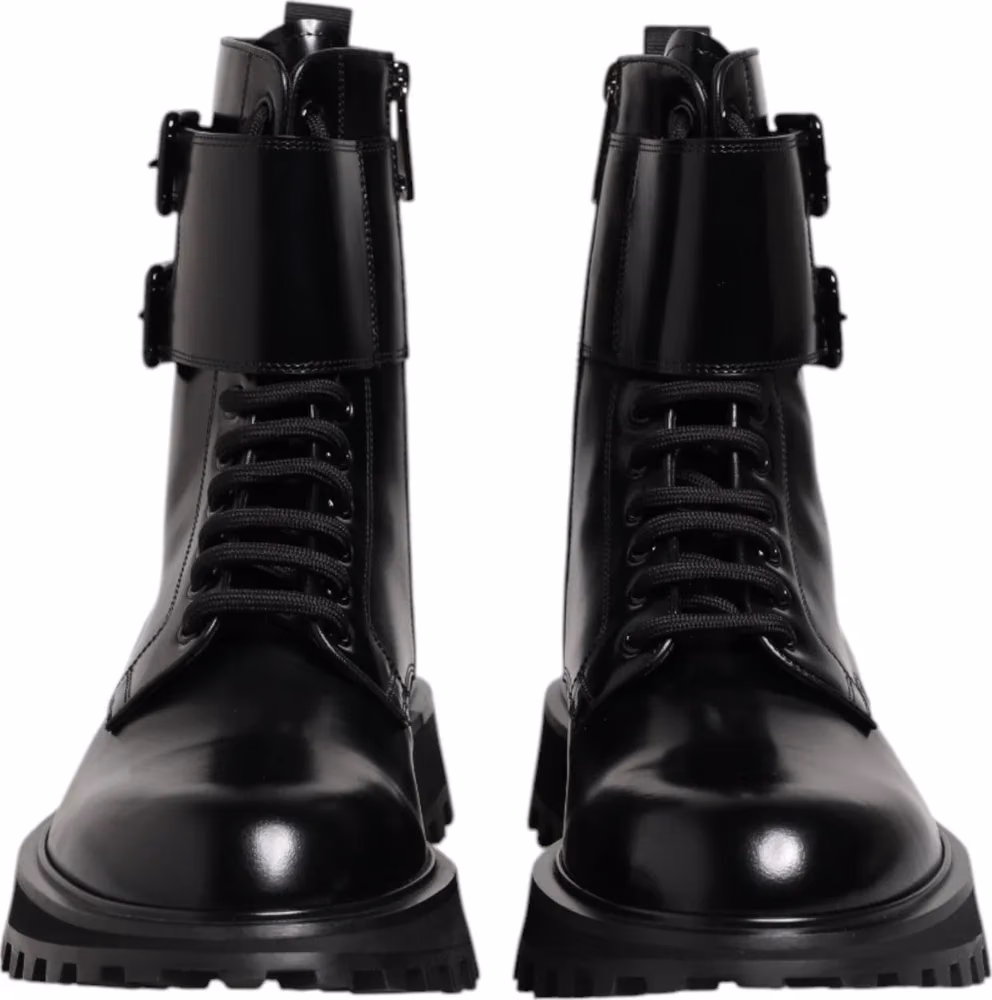 Black Leather Lace Up Mid Calf Boots Shoes