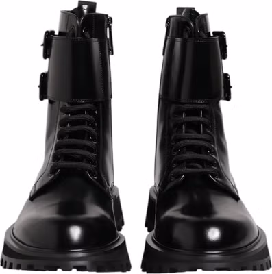 Black Leather Lace Up Mid Calf Boots Shoes