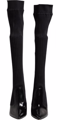 Black Leather Ribbed Knit Knee Boots Shoes