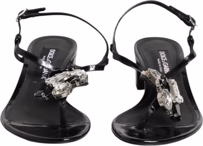 Black Leather Crystal Ankle Strap Sandals Shoes