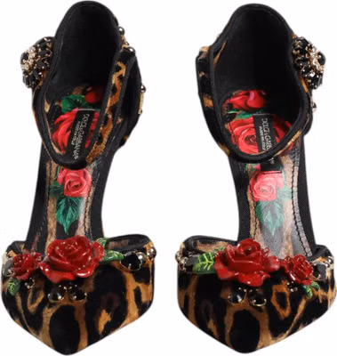 Brown Leopard Crystal Roses Pumps Shoes
