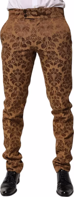 Brown Floral Jacquard Men Skinny Trouser Pants