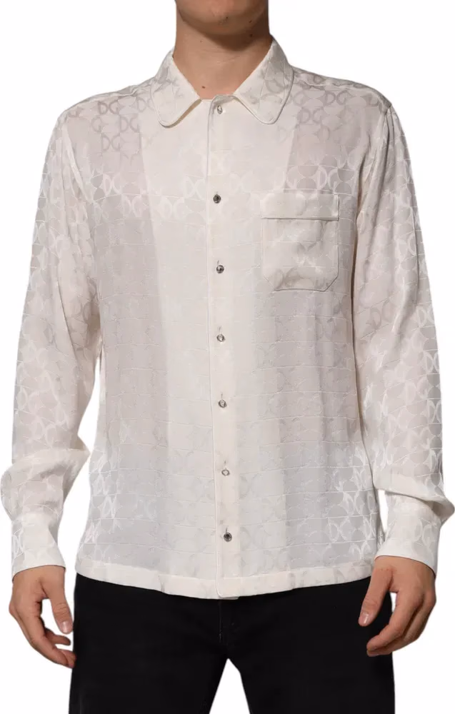 White Silk DG Logo Print Long Sleeves Shirt
