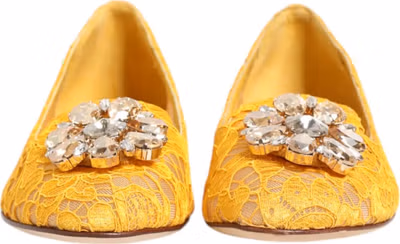 Yellow Taormina Lace Crystals Flats Shoes