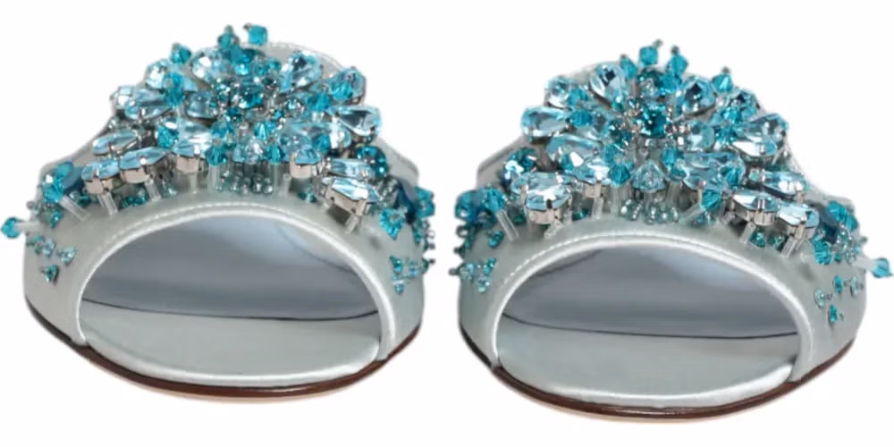 Silver Blue Leather Bead Embellish Slide Shoes