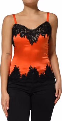 Red Black Lace Trim Silk Sleeveless Tank Top