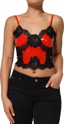 Red Black Lace Trim Polyester Sleeveless Tank Top