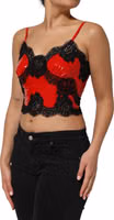 Red Black Lace Trim Polyester Sleeveless Tank Top 2