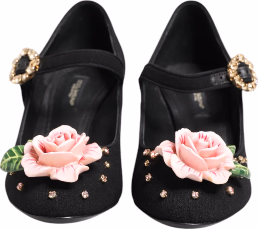 Black Flower Crystal Embellished Mary Jane Shoes