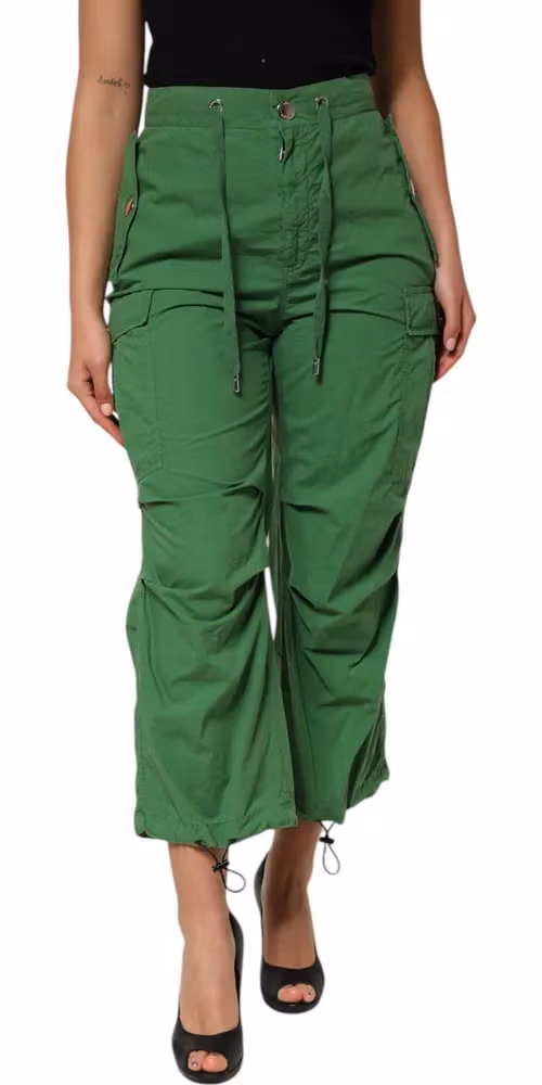 Green Cotton High Waist Cargo Trouser Pants