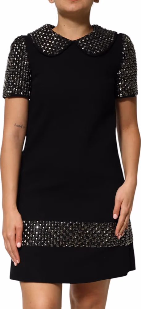 Black Crystal Embellished Collared Mini Dress