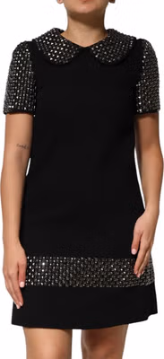 Black Crystal Embellished Collared Mini Dress