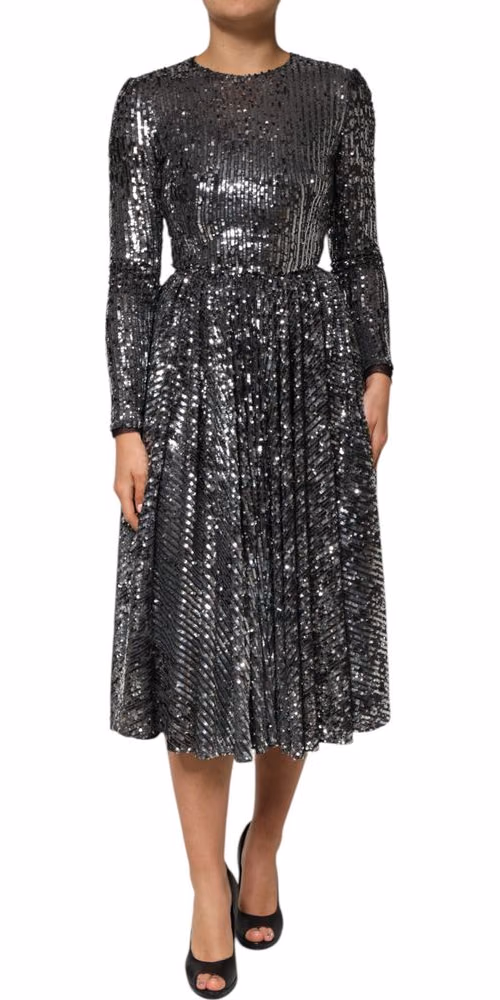 Black Sequined Long Sleeves Midi A-line  Dress