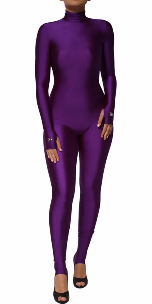 Purple Nylon Turtleneck Bodycon Jumpsuit Dress
