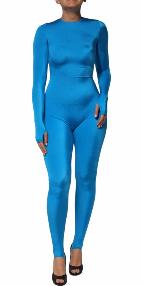 Blue Nylon Crew Neck Bodycon Jumpsuit Dress