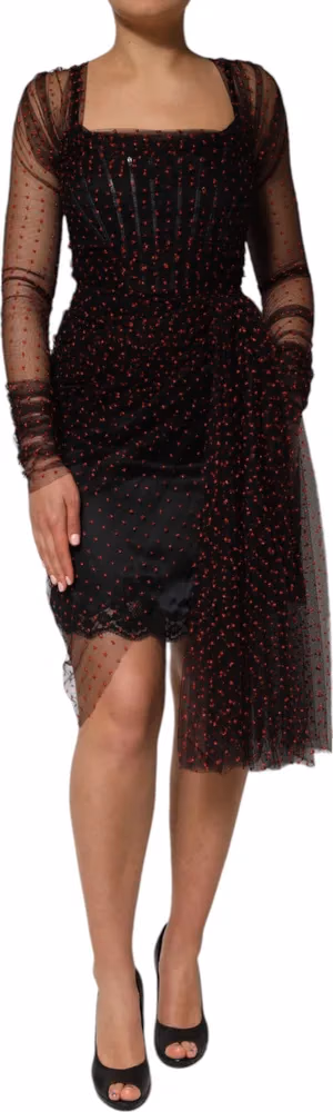 Black Lace Trim Long Sleeve Sheath Mini Dress