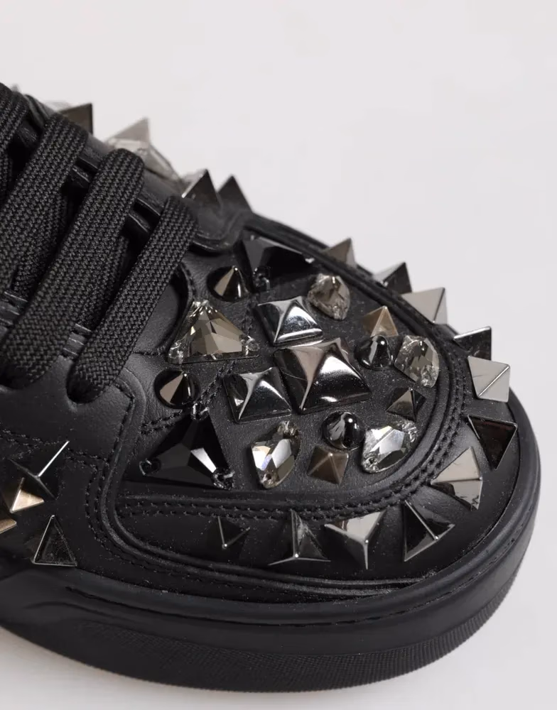 Black Leather Studded Low Top Sneakers Shoes
