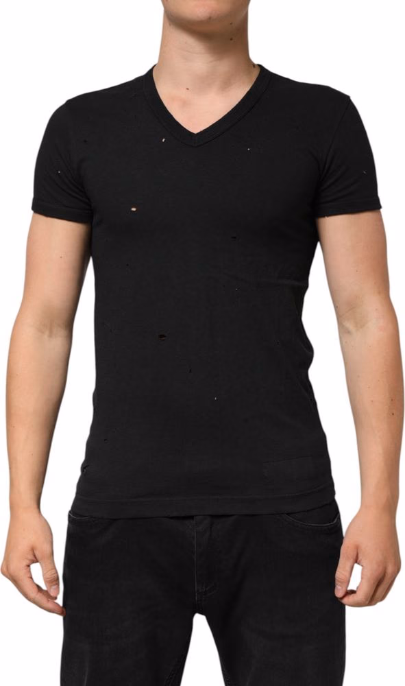 Black Cotton Tattered Logo V-Neck Men T-shirt