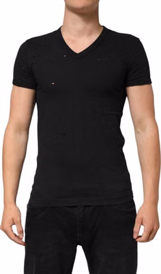 Black Cotton Tattered Logo V-Neck Men T-shirt